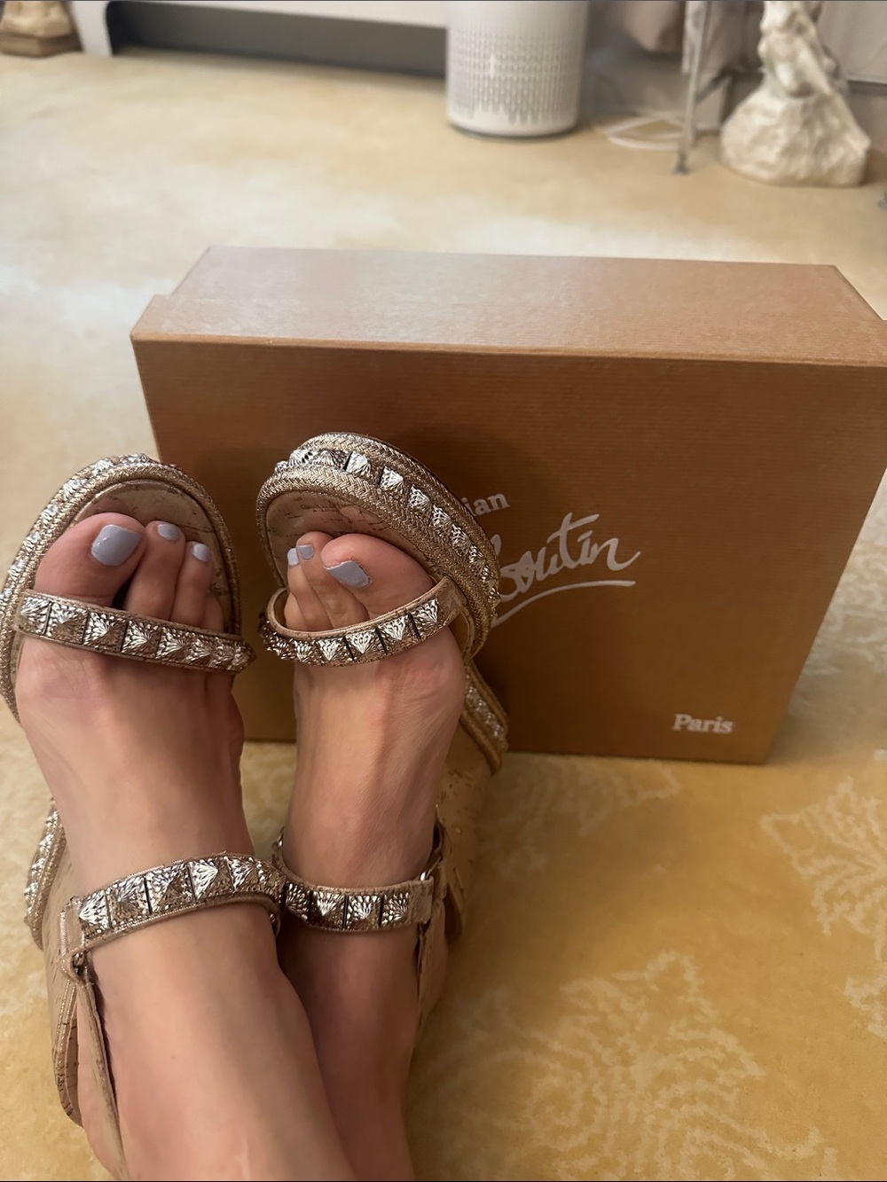 Christian Louboutin Metallic Gold Crystal-Embellished Wedge Sandals! - Picture 2 of 5